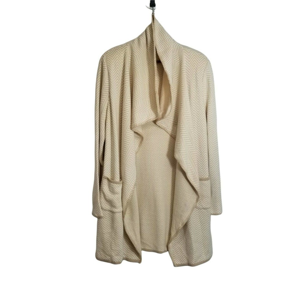 Vtg Lucia Cream & Beige Chevron Wool Angora Blend Open Front Cardigan Sweater XL
